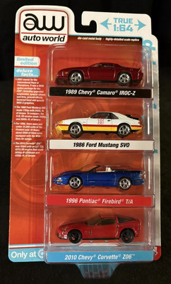 Auto World 4-Pk  89 Camaro Iroc-Z,  86 Mustang ,  96 Firebird,  10 Vette Z06 2A