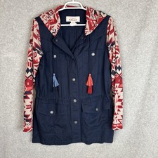 Ariat Womens Harmony Jacket Sz Med Blue Red Santa Fe Aztec Snap Hoodie Tassels