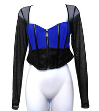 Bebe Vegan Leather Bustier Zip Front Top M Mesh Sleeves Black Colbalt Blue