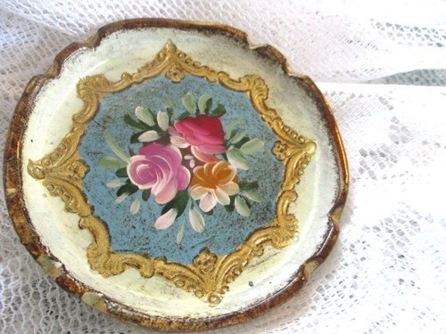 Italian Florentine Hand Crafted & Painted Aqua White Gold Tole Wood Coaster Tray