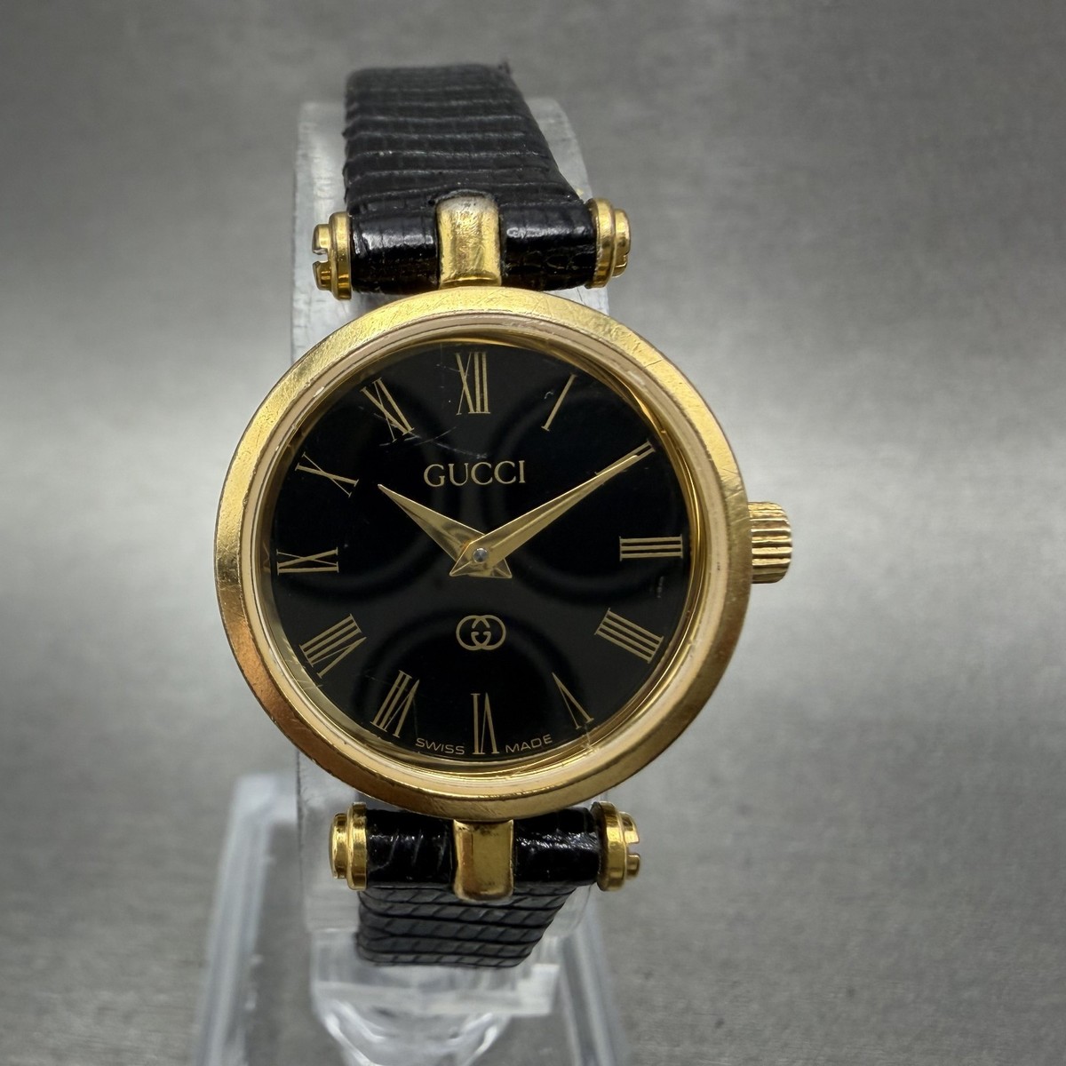 Gucci 2000L Watch Women 22mm Black Dial Gold Plated Round New