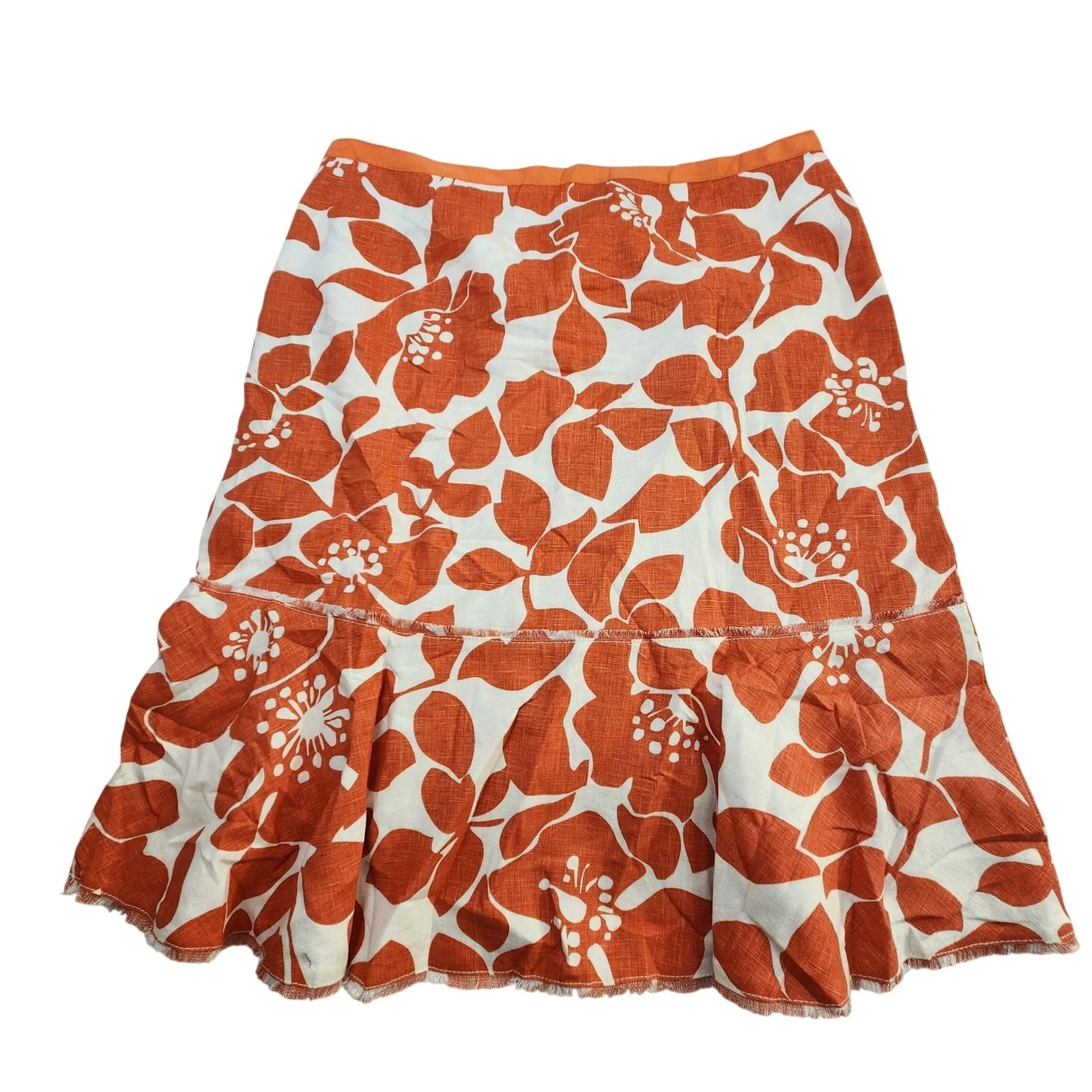 J. Crew Womens Orange Floral Midi Skirt 100% Linen Ruffle Hem Tropical Sz 12 NWT