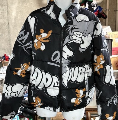 Tom and Jerry  Full Zip Puffer Jacket Black Multi Cartoon SZ M NEW
