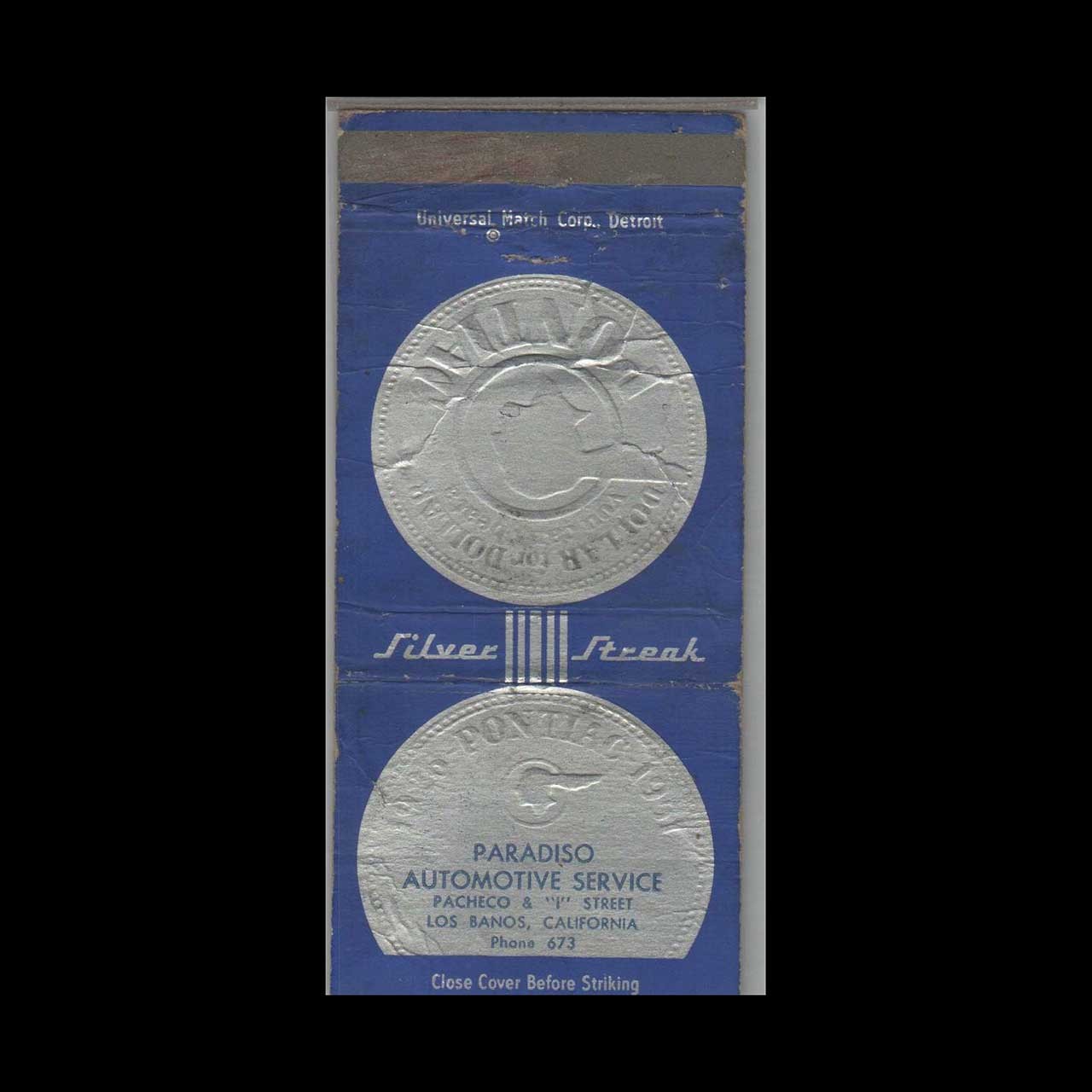 Matchbook Cover - 1951 Pontiac Dealer - Paradiso Automotive Service Los Banos, C