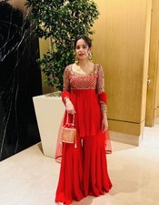 Stunning Red Pure Faux Georgette Top Palazzo With Dupatta For Function Wear