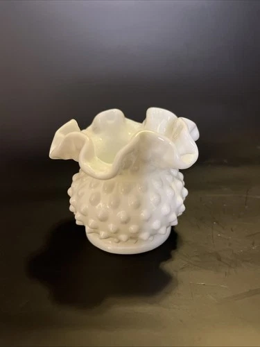 Vintage Fenton Hobnail Milk Glass 3" Double Crimped Ruffled Vase