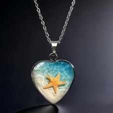 Silver Heart Ocean Starfish Glass Pendant Necklace
