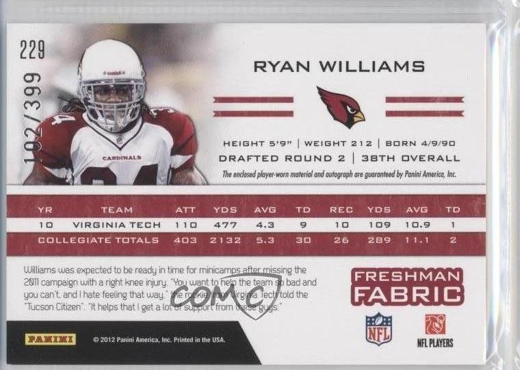 2011 Totally Certified Freshman Fabric Blue /399 Ryan Williams Rookie Auto RC - Image 2 of 2