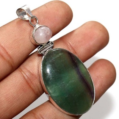 925 Silver Plated Long Fluorite Rose Quartz Pendant 2.5'' Modern Gifts Trendy MJ