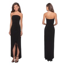 La Femme Strapless Ruched Jersey Faux Wrap Dress in Black Size US10 - NWT