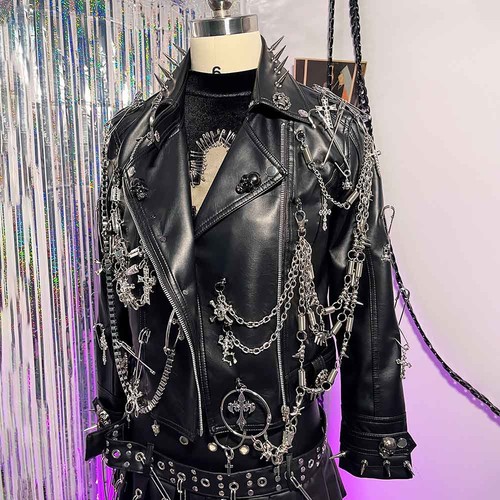 Chain Punk Rock Studded Grunge Pin Y2K Vegan Leather Jacket Gothic Goth - Picture 2 of 19