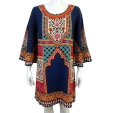 Flying Tomato Boho Artsy Tribal Print 3/4 Kimono Sleeve Mini Dress Tunic sz M
