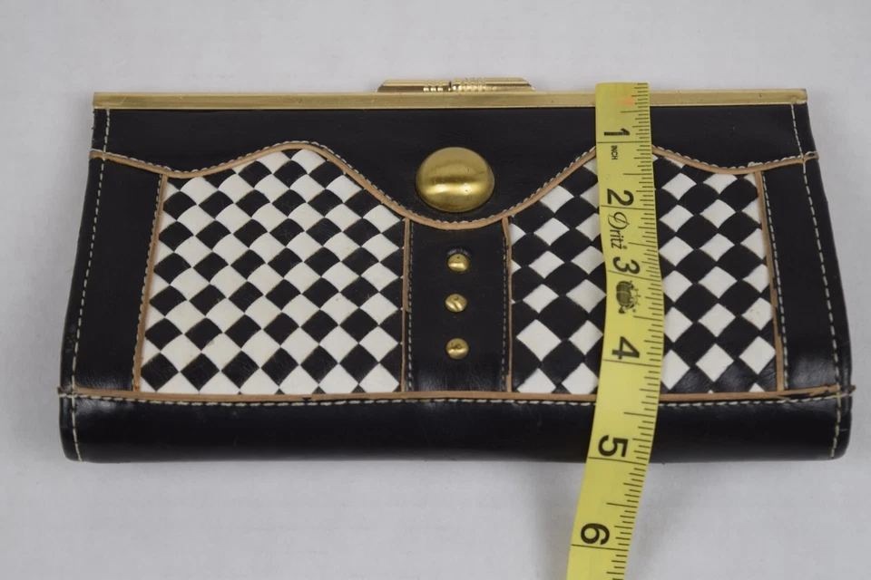 Винтажный кожаный клатч сумочка 20-х-50-х сплетенный черный белый Арлекин шахматная доска - Изображение 4 из 4