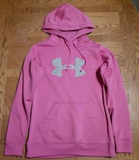 Under Armour Womens Hoodie Pink Grey Logo Hooded Semi Fitted Sweatshirt Small