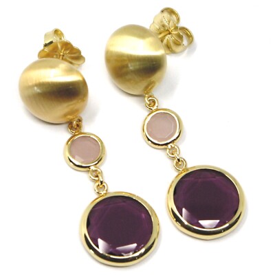 925 STERLING SILVER BIG PENDANT YELLOW EARRINGS 5cm, NUGGET, PURPLE GLASS PASTE
