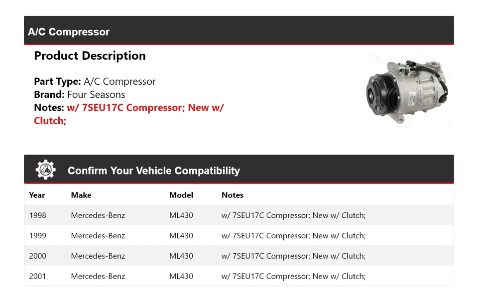 Compresor de aire acondicionado para Mercedes-Benz ML430 1998-2001 4 estaciones 1999 2000 Foto 2 de 4
