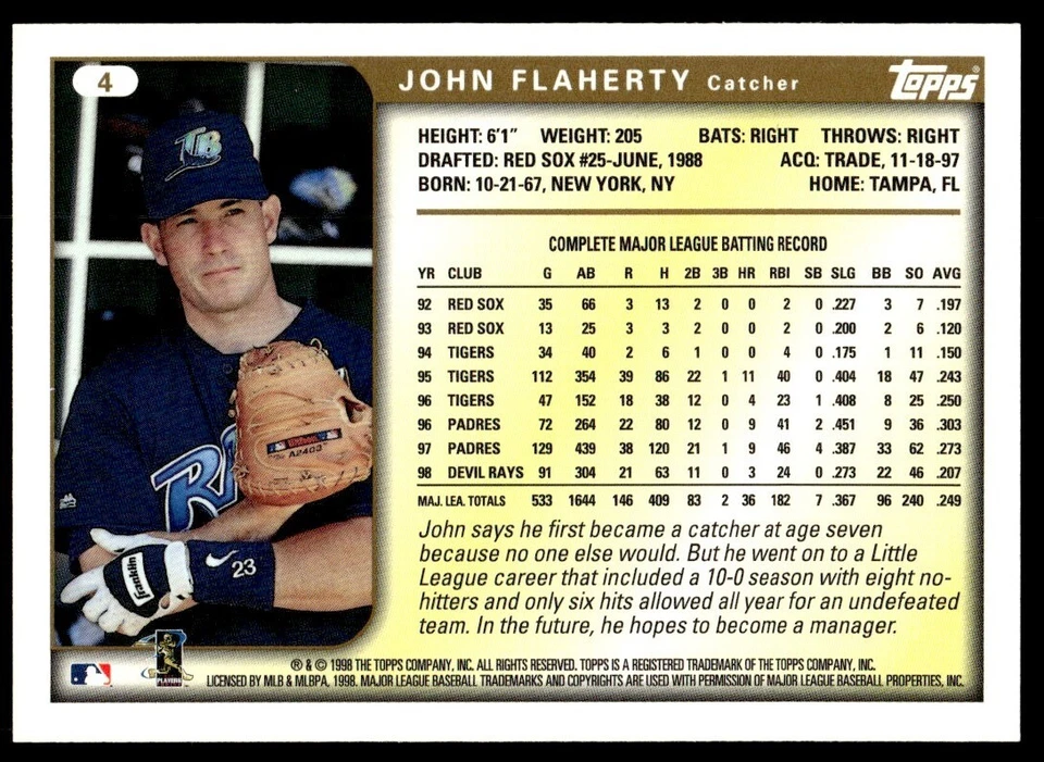 1999 Topps John Flaherty Tampa Bay Devil Rays #4 - Image 2 of 2