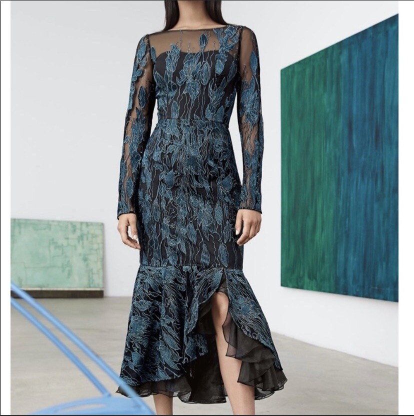 DAVID MEISTER Long-Sleeve Metallic Embroidered Ruffle-Hem Dress Sz 2 DAVID MEISTER Long-Sleeve Metallic Embroidered Ruffle-Hem Dress Sz 2
