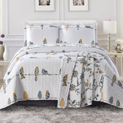 Luxury Modern Ayat Birds Oversized Bedspread Coverlet Set Reversible Bed Quilt