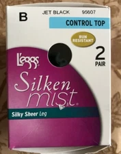 Women's NEW IN BOX JET BLACK L'EGGS SILKY MIST PANTYHOSE size B control top 2 pr