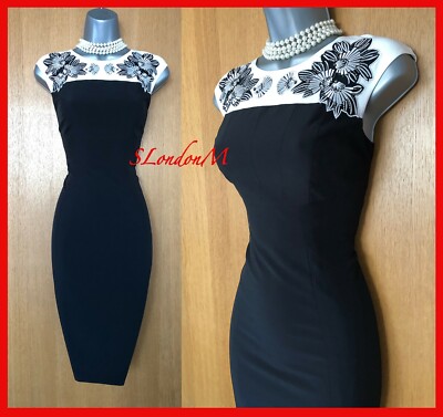 Karen Millen Black White Embroidered Beaded Cocktail Races Party Pencil  Dress 10 UK