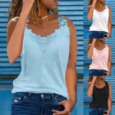 Women Summer Lace Vest Sleeveless T-Shirt V Neck Tank Top Camisole Casual Solid