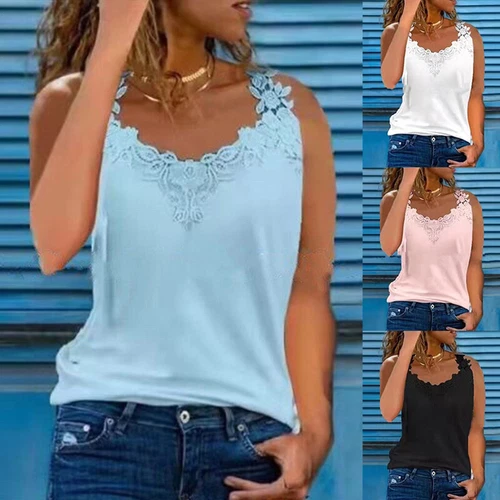 Verano Mujeres Chaleco de Encaje Camiseta Sin Mangas Cuello en V Camiseta sin Mangas Camisola Informal Prendas para el torso - Imagen 2 de 21