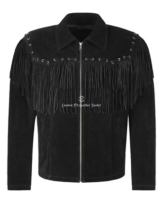 Herren Western Fransen Lederjacke Schwarz Wildleder American Cowboy Stil Chris Potter
