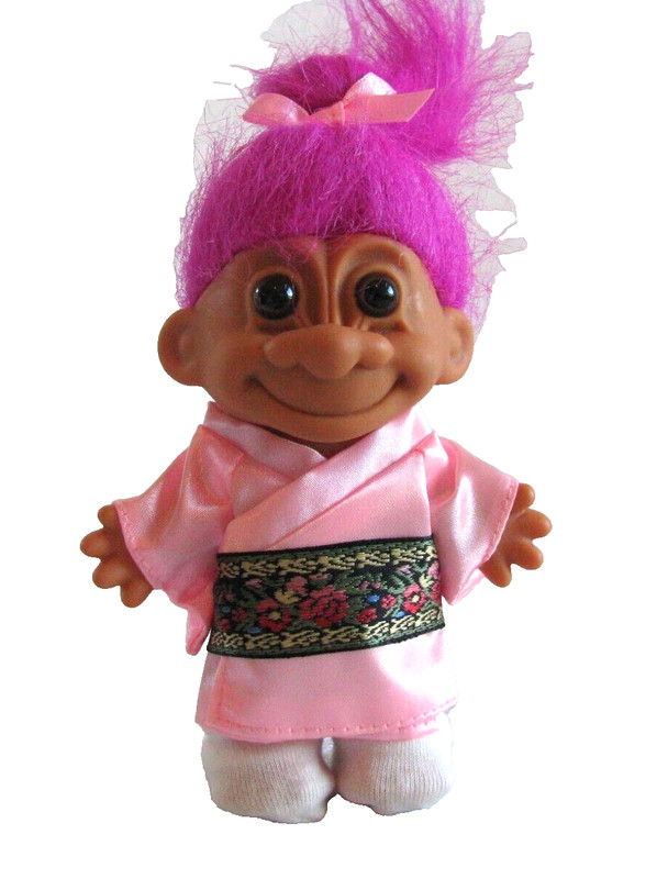 Vintage Russ Troll Doll dressed in Kimono pink hair /brown eyes 1991