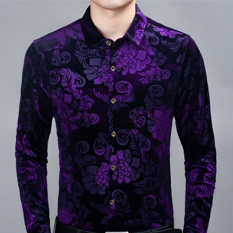 Men Velvet Shirt Floral Blouse Tops Casual Formal Printed Flower 
