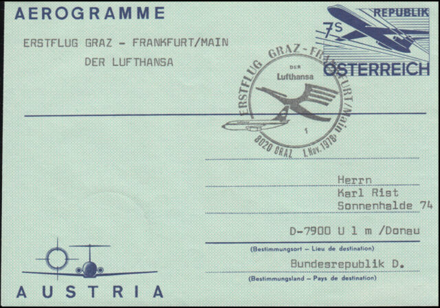 Austria Aerograms LF 18 first flight LUFTHANSA Graz-Frankfurt/Main 1.11.1978-