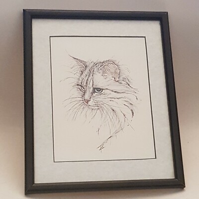 Rahmen Katzendruck Vintage Gesicht einer Katze Druck signiert (C) Druck Nr 2 (C7)