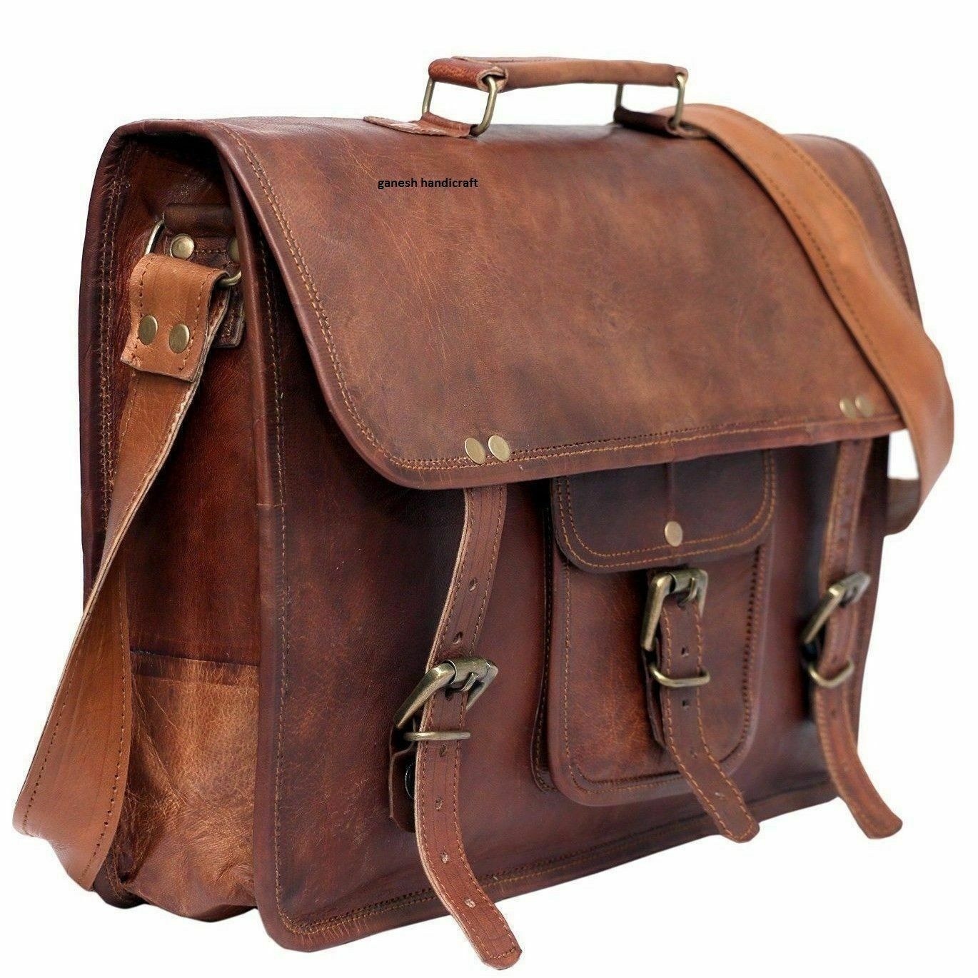 Genuine Brown Vintage Leather Bag Men's Messenger Shoulder Laptop Bag Briefcase