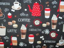 COFFEE SHOP ITEMS CUPS POT ICED DRINKS COOKIES LATTE BAR COTTON FABRIC FQ