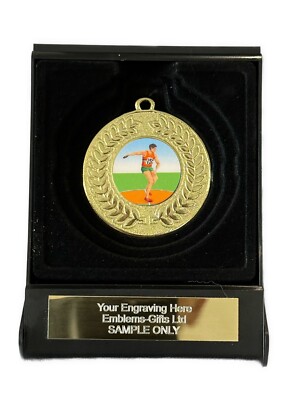 Herren Diskuswurf Award 50mm Gold Kontur Medaille in Box (C) Gravur gratis