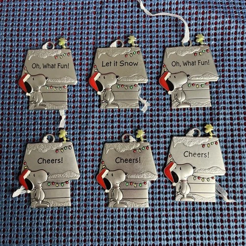 PEANUTS Snoopy With Woodstock Hallmark Metal Christmas Ornaments/Charms Lot Of 6