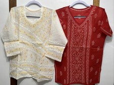 Lot Of 2 Chikankari Kurti Kurta for Women Red  White Embroidered Tops