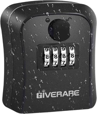 4-Digit Wall Mount Key Lock Box, Waterproof Outdoor Key Safe, Resettable, Black.
