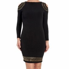 Catherine Melandrino Medium Black Gold Tone Studded Cold Shoulder Dress NWT