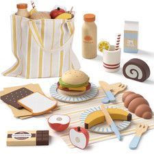 Wooden Play Food Sets for Kids Kitchen, Food Toys for Toddlers 3-5, Pretend Picn