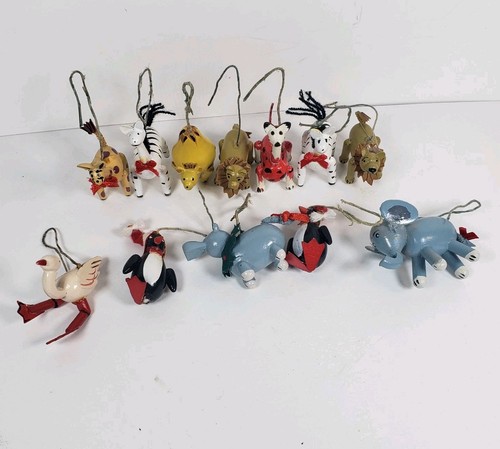 12 Hand Painted Miniature Wooden Ornaments Various Figures Giraffe Zebra Camel