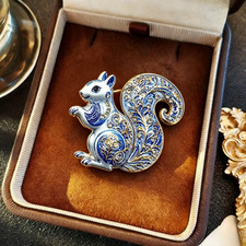 Blue Floral Rhinestone Squirrel Enamel Brooch Vintage Style Animal Lapel Pin Gi