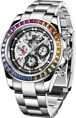 Elegant 1653 Skeleton Automatic Men's Watch, Diamond Bezel, 100M Waterproof