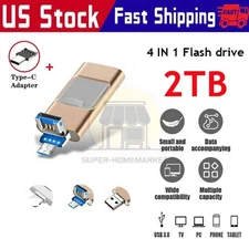 2TB USB 3.0 Flash Drive Memory Photo Stick for iPhone Samsung Type C 4 IN 1 USA
