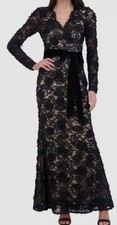 Eliza J Women's Black Lace Lined Floral Self Tie V-Neck Gown Wrap Dress Size 10