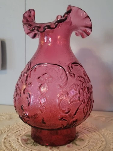 Fenton Glass Wild Roses & Bowknot Cranberry 8" Lamp Shade -Replacement