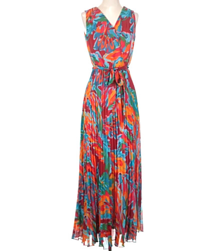 Sandra Darren Sz 12 Multi Tropical Print Sleeveless Plunge Maxi Dress Lined Belt