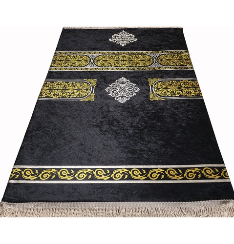 Luxury Foam Islamic Prayer Rug | Velvet Meccan Digital Print - Black & Gold - Picture 6 of 7