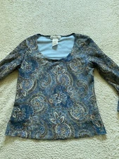 Dressbarn Women Paisley 3/4 Flared Sleeve Scoop Neck Lined Blouse Blue Size S