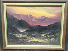 LE WELLS "NIGHT LIGHT" ORIGINAL OIL ON BOARD MOUNTAIN LANDSCAPE PAINTING